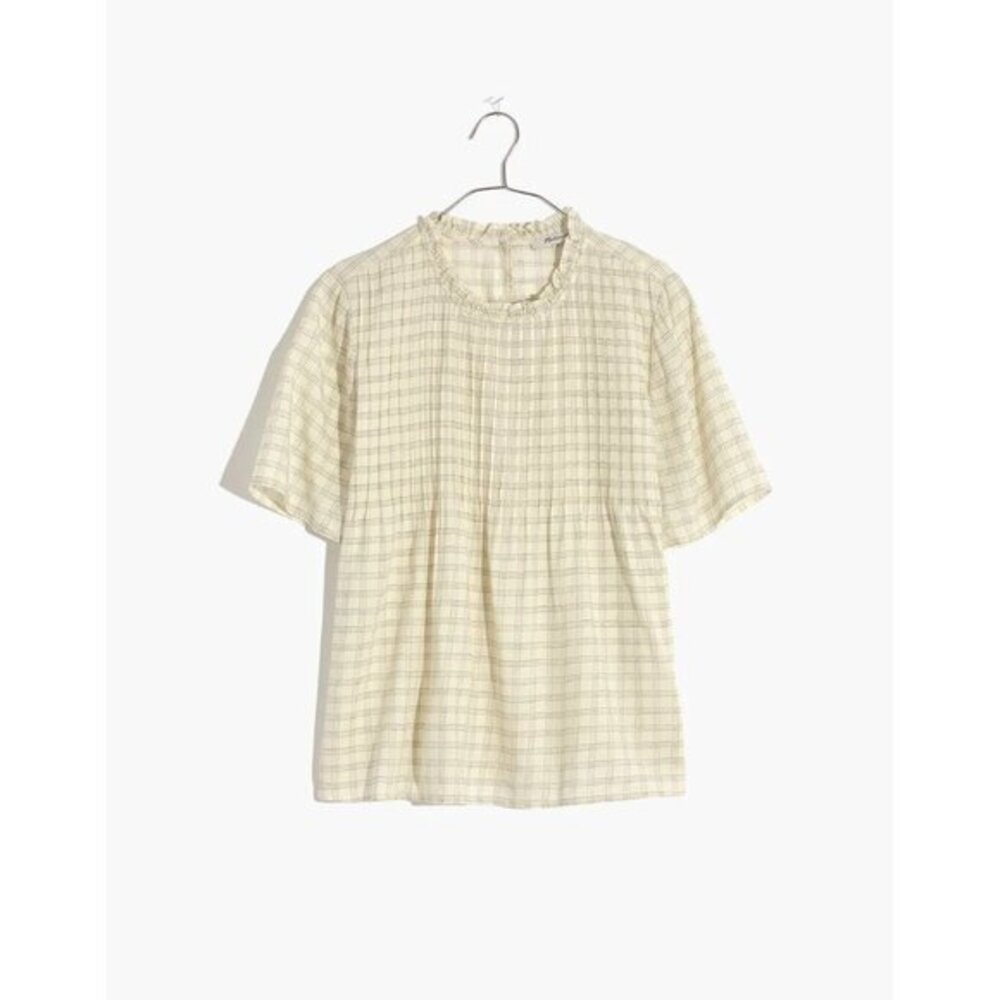 Madewell Ruffle-Collar Pintuck Top in Windowpane SZ XS NWT $78